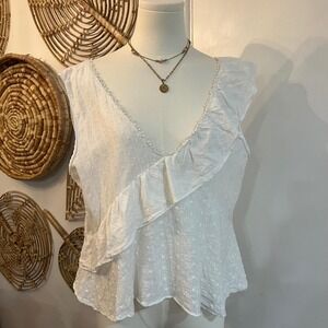 Zara Basic 100% Cotton White Swiss Dot Ruffle Blouse Romantic Cottagecore XL